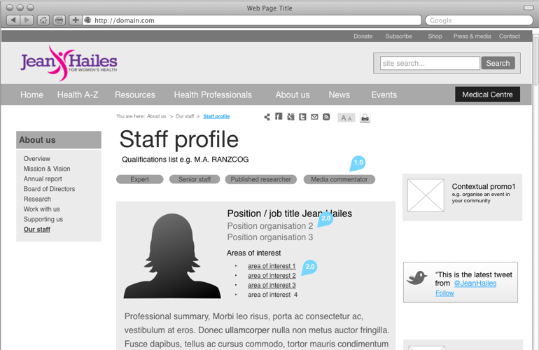 Refining the layout with a wireframe for a staff profile page